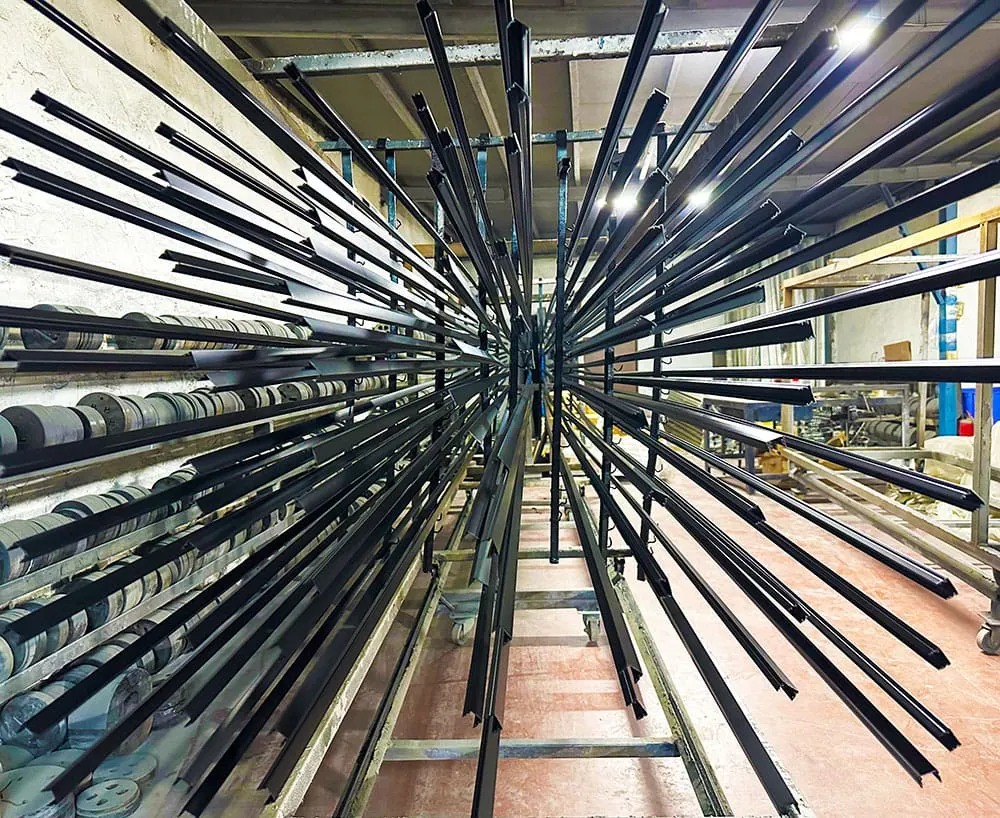 Profiles hung in the powder coating plant